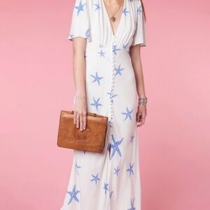 NWT Rixo London Jade Starfish Printed Crepe de chine button midi Dress Medium